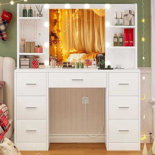 TEENFON Large Makeup Vanity, 39.4" Vanity Desk with Mirror and Lights, Makeup Vanity Table with 7 Drawers, 4 Shelves, 5 Jewel Hooks & Power Strip, for Bedroom, White - Image 1