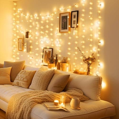 Minetom Curtain Lights, 300 LED Dimmable Fairy Lights with Remote and Timer, 8 Modes, USB Powered String Lights for Room Wall Party Xmas Indoor Decor, Warm White, 2 Pack thumbnail 7