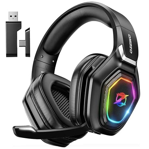 Ozeino Wireless Gaming Headset with Flip Microphone, RGB Lighting Gaming Headphones for PS5, PS4, PC - 2.4GHz USB & Type C Transmitter - Image 1