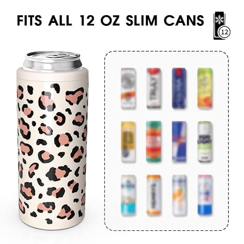 TILUCK Skinny Can Cooler for Slim Beer & Hard Seltzer, Stainless Steel, Doucle-Walled Stainless Steel Insulated Slim Cans, Standard 12 oz (Leopard Print) thumbnail 4