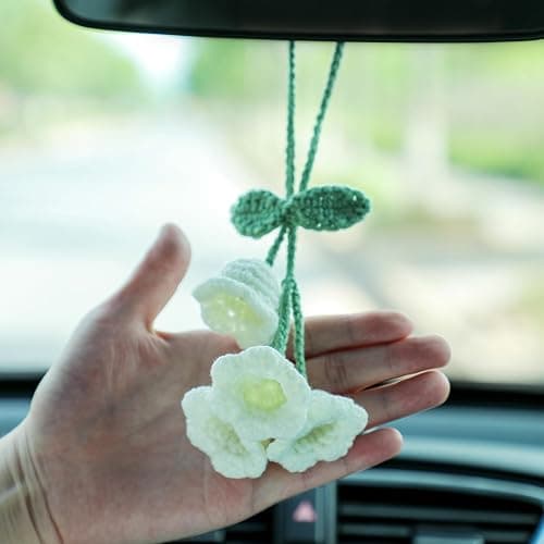 Car Mirror Hanging Accessories Lily Flower Handmade Knitted Car Pendant，Cute Car Decorations for Women Crochet Rearview Mirror Accessories,for Decoration Pendant,Car Accessories Pendant (White 1) - White 1 thumbnail 4