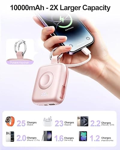 Portable Charger 3 in 1, Smaller 10000mAh Built-in Cables 22.5W Power Bank | Travel Essentials, Fast Charging Keychain Battery Pack for iPhone17/16/15/14/13, Android, iWatch Ultra/11/10/9/8, Pink thumbnail 4