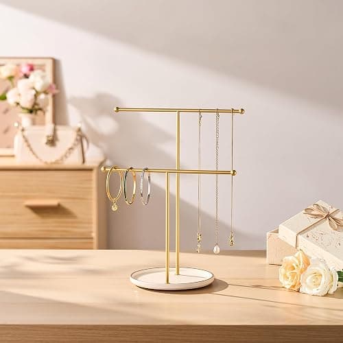 Josmimic Gold Jewelry Holder Stand with Ceramic Tray: Small Hanging Necklace Organizer Tree for Earrings, Bracelets, Rings – Jewelry Display Hanger for Women & Girls, White thumbnail 4