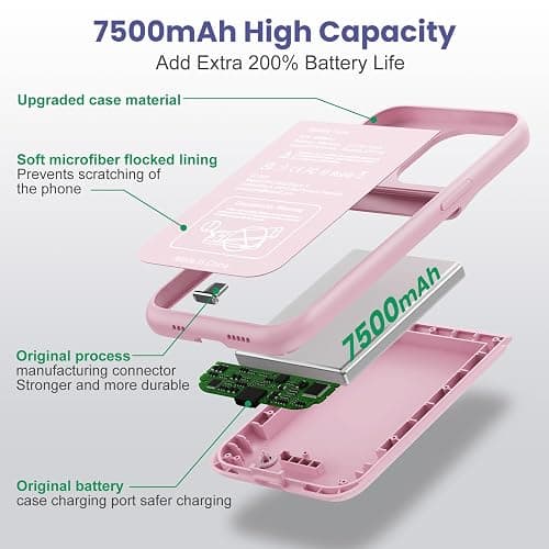 QTshine Battery Case for iPhone 13/13 Pro/14,[2025 Upgraded] 7500 mAh Ultra-Slim Portable Extended Charger Cover for iPhone 13/13 Pro/14 Charging Case (6.1 Inch)-Pink thumbnail 3