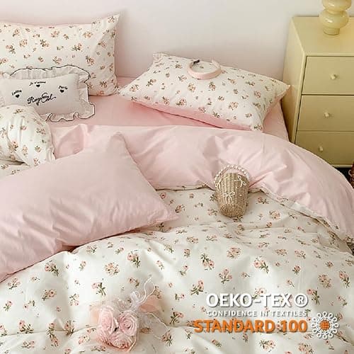 Lanqinglv Bettwäsche 200x220 cm Rosa Weiß Blumen Blätter Wende Bettwäsche für Allergiker,Aesthetic Bettwäsche Set ÖKO-TEX Bettbezug mit Reißverschluss und 2 Kissenbezug 80x80 cm thumbnail 2