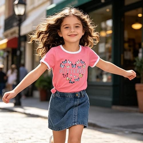 Voxikodex Girls Summer Clothes Butterfly Print Short Sleeve Tops and Denim Skirt Shorts Set Cute Outfits for Kids Girls 5-12Y thumbnail 4