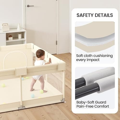 Uanlauo Beige Small Baby Playpen - 47x47in Playpen for Babies and Toddlers | Safe Indoor Play Pen, Baby Pen with Side Storage Bag and Breathable Mesh, Playard with 2 pull-up rings, Anti-slip Suction Cup thumbnail 4