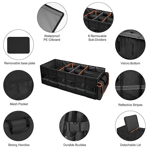 Car Trunk Organizer and Storage with Lid & Removable Leakproof Cooler Bag, Car Accessories 6 Removable Dividers for Custom Space, Collapsible Large Trunk Organizers Interior for SUV Sendan with Cover thumbnail 6
