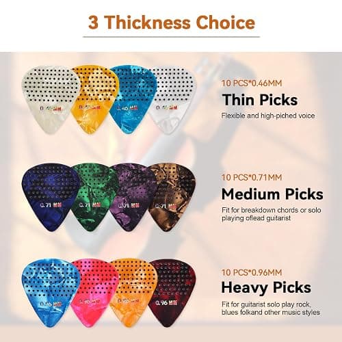 30 Packs Guitar Picks with Grips Non-slip, Includes Thin Medium Heavy Guitar Pick 0.46 0.71 0.96mm, Variety Colorful with Holder and Storage Case for Acoustic Electric Guitar Bass Ukulele thumbnail 3
