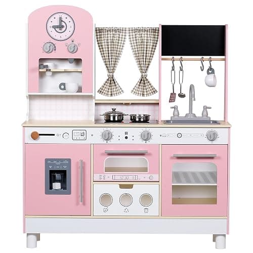 EDUBEBO Kids Kitchen playset, Wooden Play Kitchen, Height Adjustable, Comes with Various Kitchen Accessories, Ideal Role Play Toy Gift for Toddlers and Kids Ages 3-8 (Pink) - Image 1