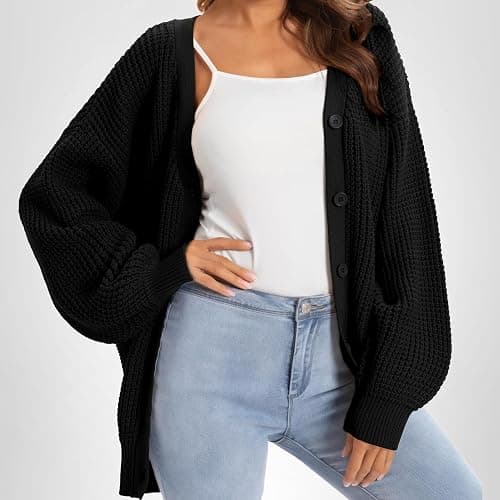 QUALFORT Women's Oversized 100% Cotton Cardigan Sweater | Long Sleeve V Neck Button Down Open Front Knit Outerwear thumbnail 8