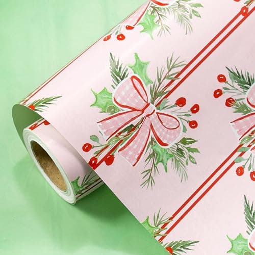 LeZakaa Christmas Wrapping Paper Roll, Pink Red Bow Berry Green Solid Color Design Holiday Gift Wrap for Kids Girls Women, Watercolor Style for Christmas Party Present, Mini Roll 17" x 16.4 ft thumbnail 7