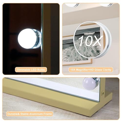Moonee Vanity Mirror with Lights, Gold Hollywood Lighted Makeup Mirror with 15 Dimmable Bulbs and 10X Magnification, 3 Colors Modes, Aluminum Metal Frame, Light Up Mirror for Tabletop/Wall（23" x 18"） thumbnail 7