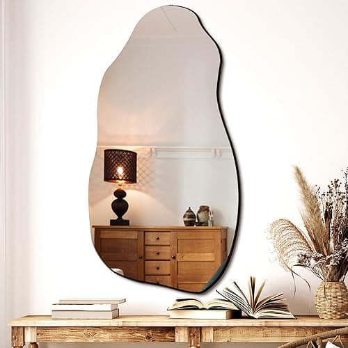 TRAHOME Irregular Asymmetrical Wall Mirror for Living Room Bathroom Entryway, Modern Decorative Mirror Hanging (Hook Style, 31.5'' x 17.7'') - Frameless - 31.5"L x 17.7"W