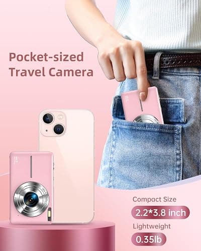 CAMKORY Digital Camera, Full HD 1080P Point and Shoot Camera, 44MP Kids Camera with 32GB Card, 16X Zoom, Pink thumbnail 3