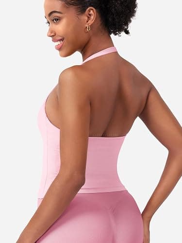 HIGORUN Halter Impact Tank Tops for Women Y2K Workout Longline Crop Tops with Built in Bras Open Back Going Out Gym Top thumbnail 5