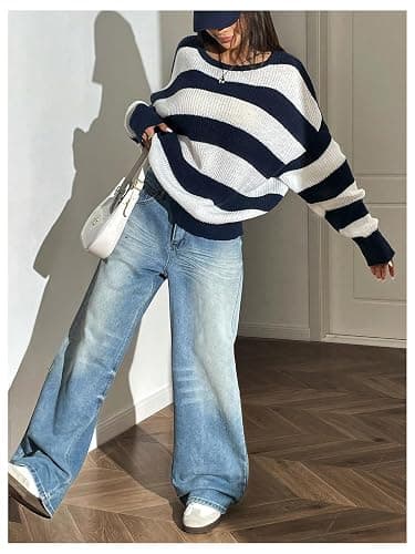 Floerns Women's Striped Boat Neck Loose Sweater Long Sleeve Drop Shoulder Pullover Top thumbnail 5