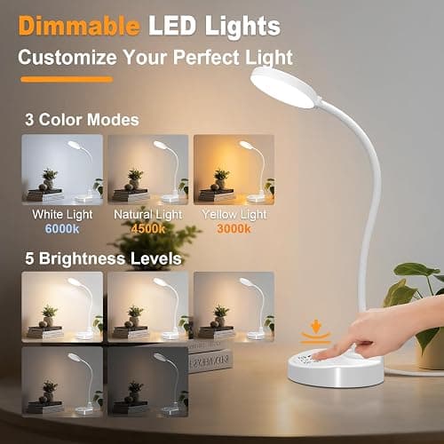 60 LED Desk Lamp with USB Charging Ports – Dimmable Table Lamp with 3 Color Temps, 5 Brightness, 4 Timers, 15W Flexible Gooseneck Light with Base, Eye-Caring Reading Light for Home Office, Bedroom thumbnail 2