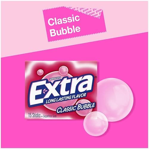 EXTRA Classic Bubble Gum Sugarfree Bulk Chewing Gum, 15 Count, 10 Pack | Long Lasting Classic Bubble Gum Flavor, Individually Wrapped Packs for Sharing, for Fresh Breath at School, Work and Travel thumbnail 3