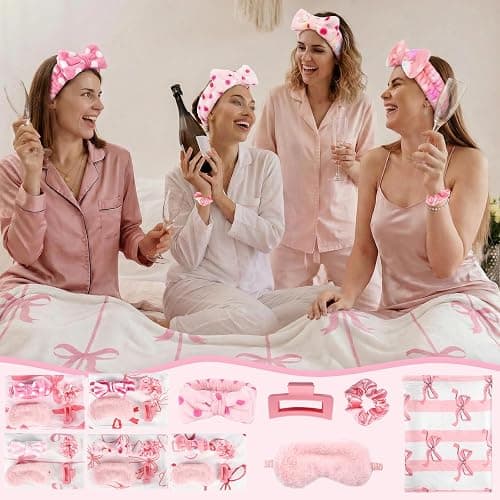 WAYASDCU 30 Pcs Sleepover Party Supplies for Girls, 6 Style Cute Pink Bow Blanket 6 Hair Clips 6 Hair Ties 6 Plush Pink Eye Mask Cover 6 Coral Fleece Spa Headband for Slumber Party Supplies for Girls thumbnail 4