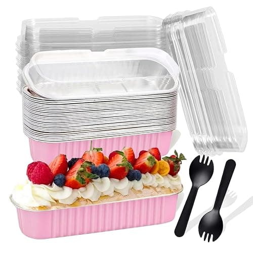 20PCS Rectangle Mini Loaf Pans With Lids,Mini Cake Pans with Lids,Disposable Ramekins Baking Cups Muffin Tins Cupcake Cups for Wedding Birthday Party,6.8oz(Pink) - Image 1