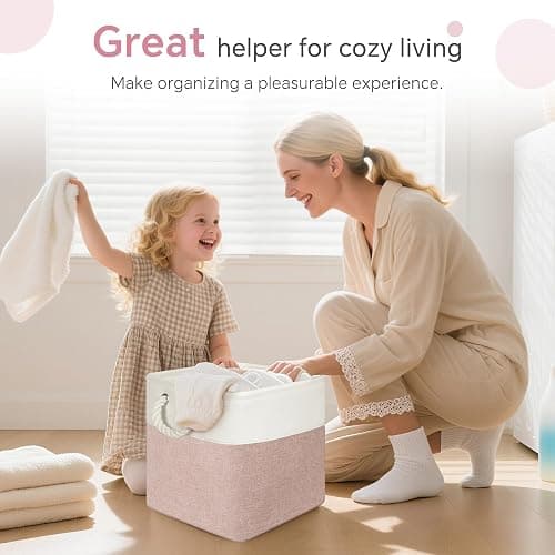 FinishingBo Cube Storage Bins, 6 Pack 11x11 inch with Cotton Handles for Closet, Shelves, Clothes, Towel (White/Pink) thumbnail 8