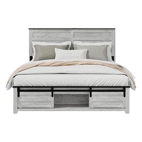SAMTRA Wooden Full Size Bed Frame with Headboard, Boho White Farmhouse Storage Bedframe with Sliding Barn Door Footboard and Charging Station, Wood Slats, No Box Spring Needed thumbnail 6
