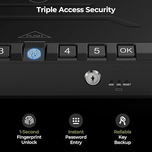 ONNAIS Large Biometric Gun Safe - Fingerprint Pistol Safes with Internal Light, Three Unlock Methods, and Emergency Power Supply, Gun Lock Box for Home, Nightstand, Bedside, and Car Use thumbnail 3