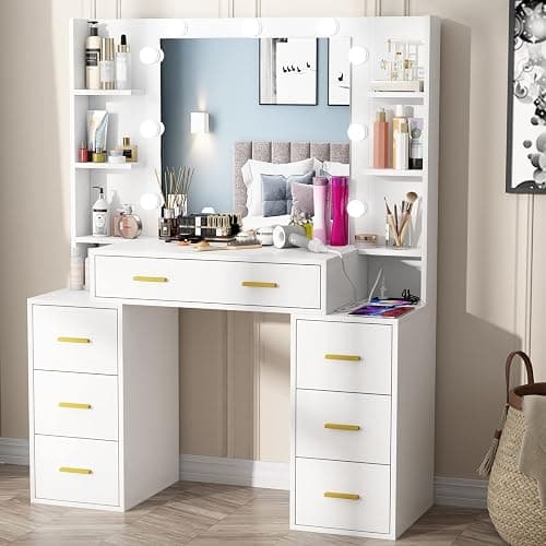 PAKASEPT Vanity Set with Lighted Mirror, 43'' Makeup Vanity with Charging Station, Vanity Desk with 9PCS LED Bulb, Storage Shelves, 7 Drawers for Bedroom(No Stool) thumbnail 3