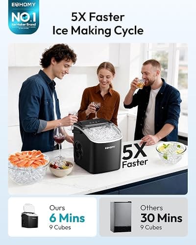 EUHOMY Countertop Ice Maker Machine with Handle, 26lbs in 24Hrs, 9 Ice Cubes Ready in 6 Mins, Auto-Cleaning Portable Ice Maker with Basket and Scoop, for Home/Kitchen/Camping/RV. (Black) thumbnail 4