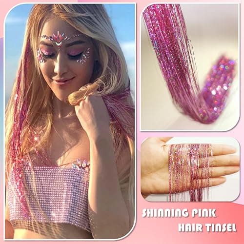 Pink Fairy Hair Tinsel Kit 48 Inches 1200 Strands with Tools and Instruction Easy to Install Glitter Tinsel Hair Extensions for Women and Girls，Shinny Sparkling Braiding Hair Accessories for Halloween Cosplay Party thumbnail 2