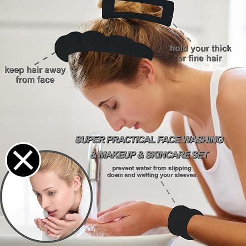 Canitor Sponge Spa Headbands Wristband Set with Hair Clips Skincare for Washing Face Non Slip Puffy Terry Cloth Makeup Headband Face Wash Wrist Bands Cute Trendy Stuff (black) thumbnail 2