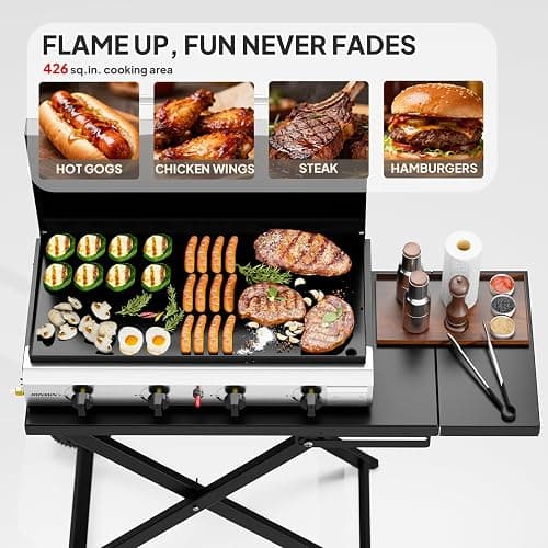 ROVSUN 4 Burner Foldable Propane Griddle with Wheels, Enameled Tray & Lid, 40000 BTU Portable Rolling Flat Top Gas Grill with Electronic Ignition & Regulator for Outdoor Cooking Camping BBQ Tailgating thumbnail 6