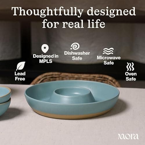 Mora Ceramic Chips and Dip Serving Tray: Large Divided Party Bowl Set for Chips & Salsa, Veggies & Dip, Fruit, Snacks, Entertaining, Hosting, etc. Minimalist Design for the Modern Hostess - Terracotta thumbnail 5