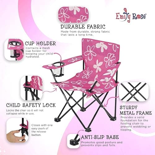 Emily Rose Kids Pink Folding Beach Camp Chair with Cup Holder Safety Lock & Carry Case - Toddler Girls Chair Ages 2-7 Indoor Outdoor Lightweight Portable - Floral Design 125lb Capacity thumbnail 4