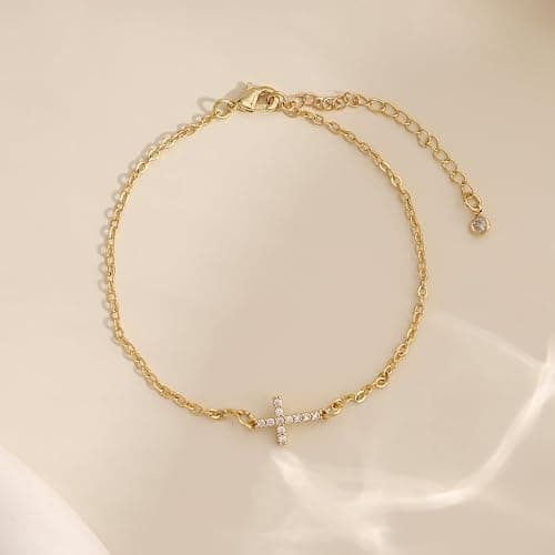 Gold Bracelets for Women,Dainty Gold Cross Bracelet 14K Gold Plated Beaded Bracelets for Women Trendy Bracelet Stack Pearl Bracelet Set Waterproof Chain Bracelet Gold Jewelry for Women Baptism Gifts thumbnail 7