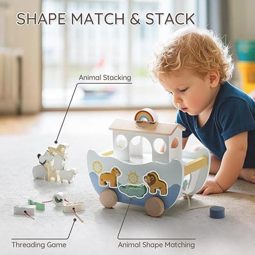 Joyreal Wooden Noah's Ark Toy for 1 Year Old Baby Boy and Girl Baptism Gift - Neutral Color Montessori Educational Toy with Animal Shape Sorter - Christian Toys for Toddler 1-3 Christmas Birthday Gift thumbnail 4