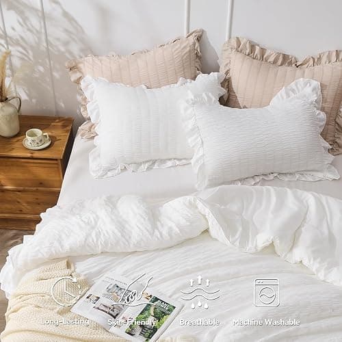 JOLLYVOGUE Queen Comforter Set, 3 Pieces White Seersucker Comforters Queen Size, Lightweight & Fluffy Bedding Sets Queen for All Season with 1 Ruffle Comforter and 2 Ruffle Pillowshams thumbnail 2