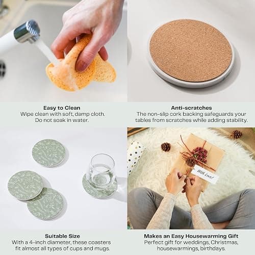 Hoomey Set of 6 Floral Sage Green Coasters with Holder, Absorbent Ceramic Drink Coasters with Cork Backing for Table Protection, Coffee Table Décor thumbnail 4