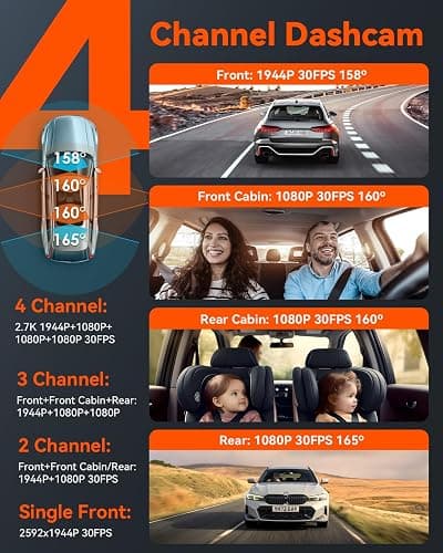Vantrue N5 4 Channel WiFi 360° All Sides Dash Cam, STARVIS 2, IR Night Vision, 2.7K+1080P*3 Front Rear Inside Dashcam, Voice Control, GPS, 24 Hours Buffered Parking Mode Dash Camera, 512GB Max (N5) thumbnail 2