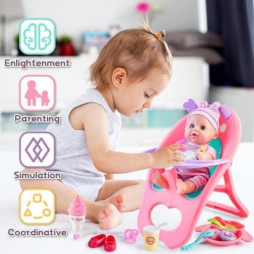 deAO 12” Baby Doll Play Set with Crib, Mobile, High Chair Feeding Accessories, Interactive Dolls for Girls Kids Pretend Play Baby Dolls 21 PCS thumbnail 6