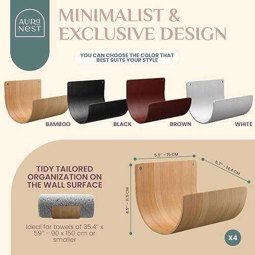 Bamboo Towel Rack by Aura Nest Set of 4 Wood Towel Racks Bamboo Bathroom Accessories -Wall Towel Holder for Rolled Towels Wooden Towel Racks for Bathroom Spa Bathroom - Natural Bamboo thumbnail 2
