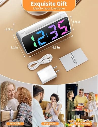 Netzu Digital Alarm Clocks for Bedrooms, Bedside Clocks with RGB Night Glow, Rainbow Time, Large Display, Dual Alarm, Snooze, LED Desk Dimmable Alarm Clock for Kids Teens (White) thumbnail 7