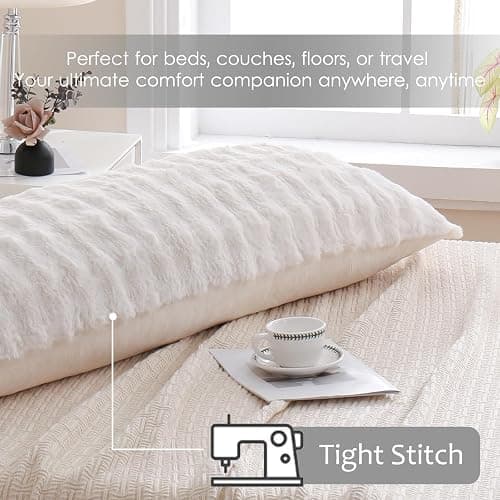 Chumerry Faux Fur Body Pillow Cover, Super Soft Fuzzy Plush Bedding Pillow Long Pillowcases 1 Pieces, Chic Striped Plaid Geometry Decorative White Body Pillowcase for Couch, Bed, 20 x 54 Inches thumbnail 8