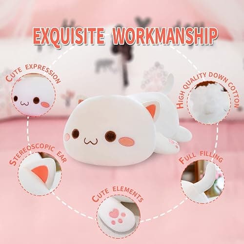 FUYU Cat Stuffed Animals, Soft Cat Plush Pillow Kawaii Kitten Stuffed Animal Toy Gifts for Kids Boys Girls Room Decor (White Round Eyes,15in/37cm) thumbnail 6