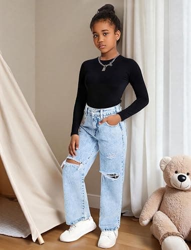 oyyniis Baggy Jeans for Girls Wide Leg Ripped High Elastic Waisted Denim Pants Cute Summer Trousers Y2K Streetwear 7-14Y thumbnail 2