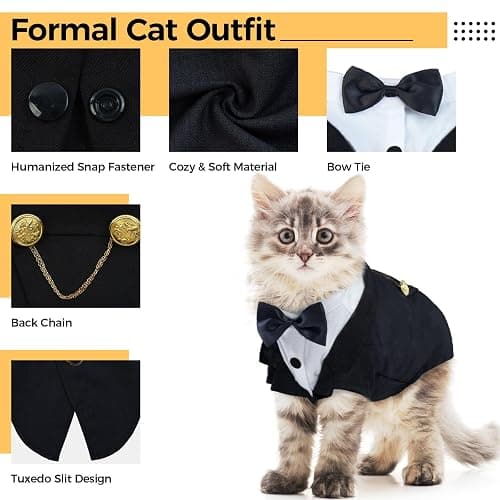 DENTRUN Cat Tuxedo Outfit, Sphynx Cat Costume Formal Suit with Bow Tie | Bow tie accessory, stylish tuxedo formal attire, for Sphynx & fluffy cats, wedding/party wear, XS-XXL. thumbnail 4
