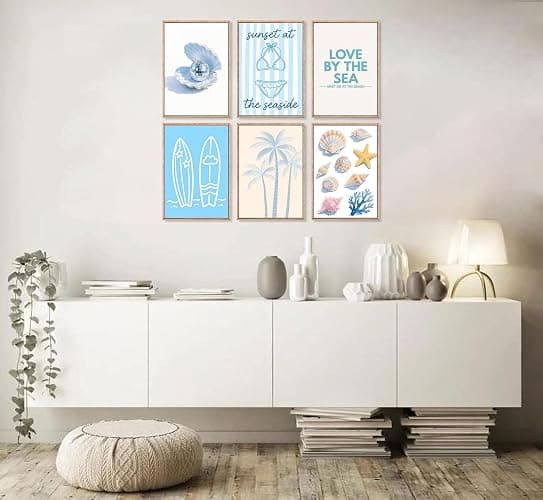 6Pcs Coastal Granddaughter Wall Art Beach Wall Decor Pictures 8inx10in | Blue Shells Bikini Posters Prints Tropical Palm Surfboard painting for Bedroom Dorm Teenage Girls Room Decoration Unframed thumbnail 2