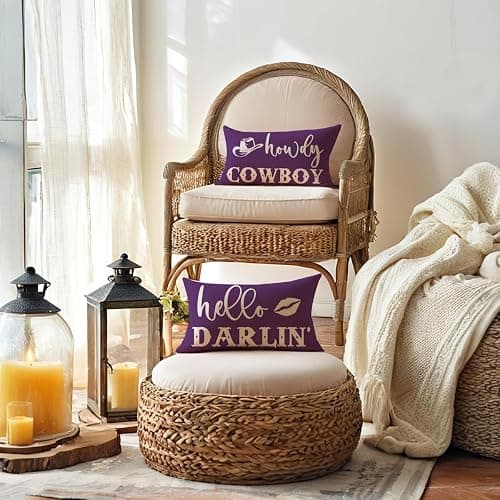 Funny Couple Lumbar Pillow Covers 12x20 Howdy Cowboy Hello Darlin’ Western Throw Pillowcases Rustic Farmhouse Decor Cushion Covers 2Pack for Cowboy Cowgirl Valentine Decorations (Purple) thumbnail 5