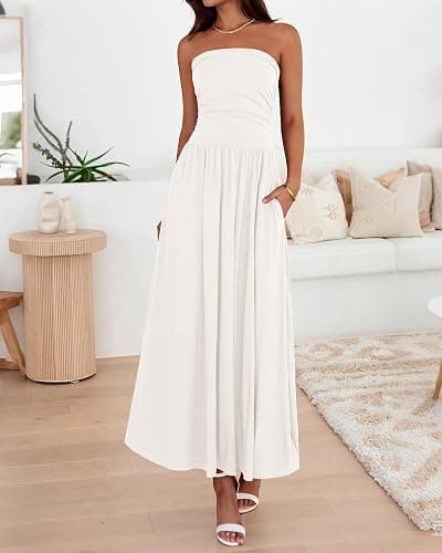 BTFBM Summer Maxi Dresses for Women 2026 Strapless Ruched Tube Top Beach Vacation Spring Wedding Guest Dress Pockets thumbnail 4